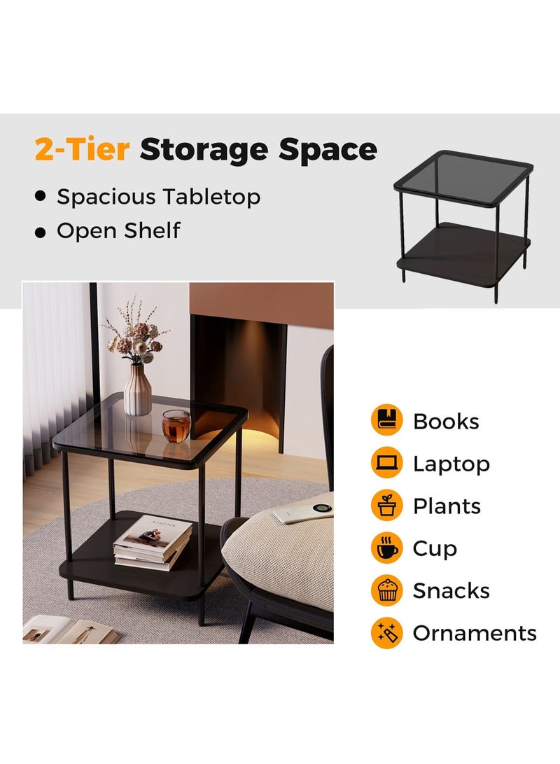 روعة طاولة جانبية زجاجية مدمجة، طاولة جانبية للأريكة، طاولة قهوة معدنية مع رف تخزين سفلي، مثالية للمساحات الصغيرة. خزانة سرير مربعة ذات طابقين، مناسبة لغرف المعيشة وغرف النوم والأرائك أو زوايا المكاتب. تركيب بسيط (إطار أسود + زجاج بلون كهرماني). - Image 2